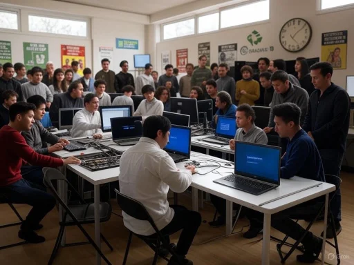 Group of students and instructors in a computer lab, engaged in a programming or tech workshop.