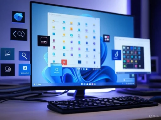 A computer monitor displays a desktop with multiple application icons, and it is set in a dimly lit environment. A computer monitor displays a desktop with multiple application icons, and it is set in a dimly lit environment.