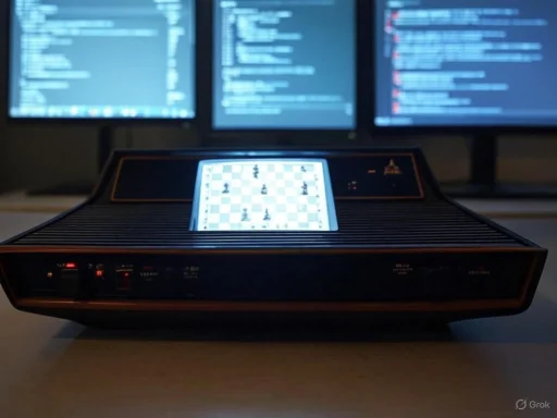 A computer chessboard with a digital display, set for a game, in front of dual monitors with code on the screens.