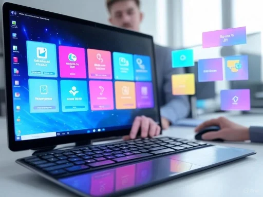A person interacts with a holographic interface while working on a computer with a colorful, application-filled screen.