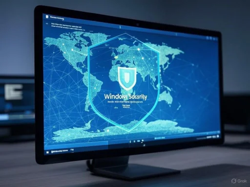 A computer monitor displays a digital security interface with a world map and shield icon, emphasizing cybersecurity. A computer monitor displays a digital security interface with a world map and shield icon, emphasizing cybersecurity.