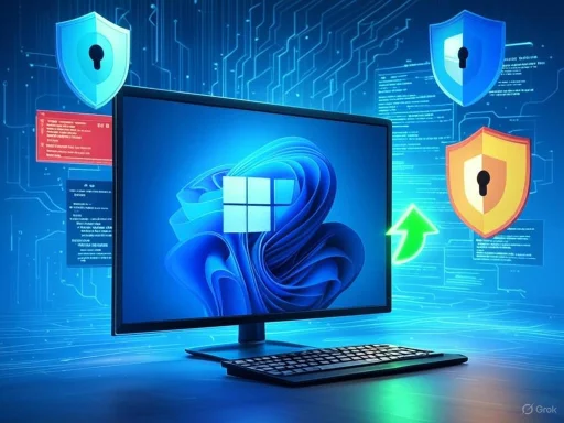 Computer screen displays Windows logo with security shields and data protection symbols surrounding it.