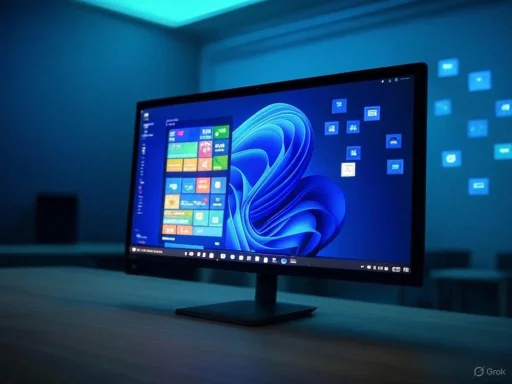 A computer monitor displaying the Windows 11 desktop in a dimly lit room with projected icons on the wall. A computer monitor displaying the Windows 11 desktop in a dimly lit room with projected icons on the wall.