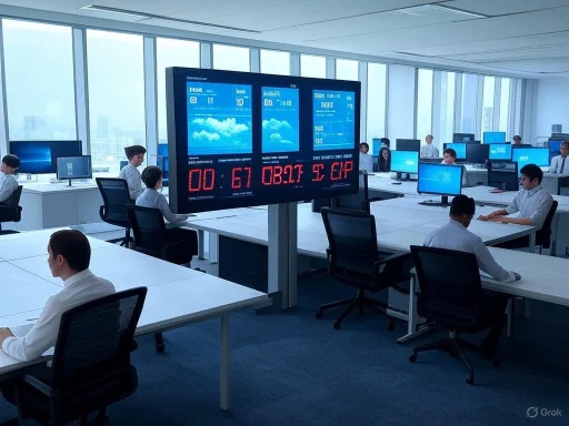 A modern office with employees working at desks, large digital screens displaying weather data, and panoramic city views. A modern office with employees working at desks, large digital screens displaying weather data, and panoramic city views.