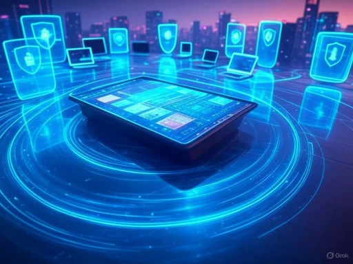 A futuristic digital tablet displaying security icons, with holographic shield and lock symbols in a cityscape background.