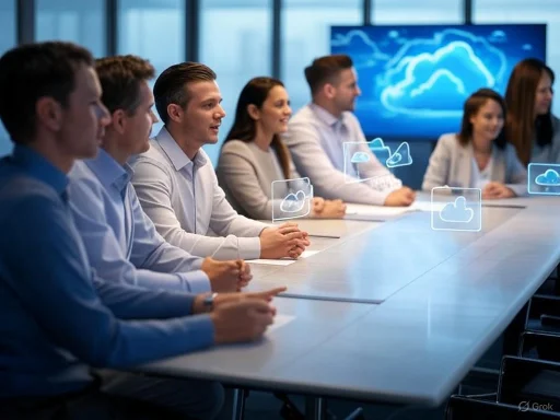 A group of professionals in a meeting room with digital cloud icons floating above the table.