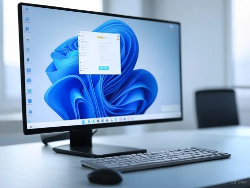 A computer monitor displays the Windows 11 desktop with a settings window open, on a white desk with keyboard and mouse.