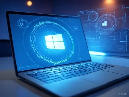 A laptop displaying a futuristic Windows logo with holographic digital interface elements in the background.