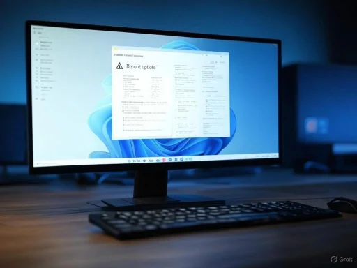 A desktop computer with a monitor displaying a 'Robot update' alert in a dimly lit room.