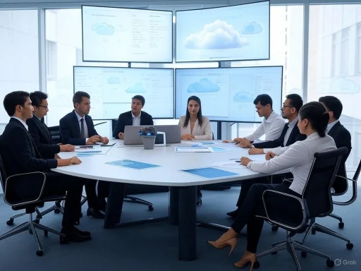 Business meeting with nine professionals in a modern conference room featuring multiple large screens.
