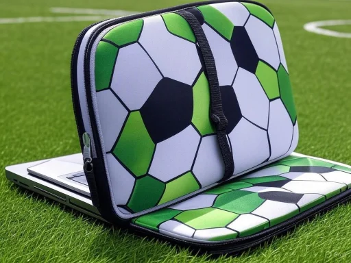 A laptop inside a soccer ball-themed carrying case, resting on artificial grass.