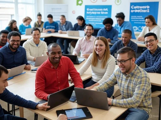 Diverse group of people smiling and working together in a modern classroom or conference room.