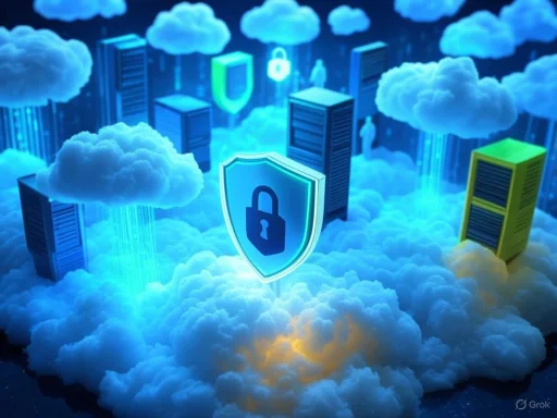 Cloud computing security with data centers and a padlock shield symbol in a digital cloud environment. Cloud computing security with data centers and a padlock shield symbol in a digital cloud environment.