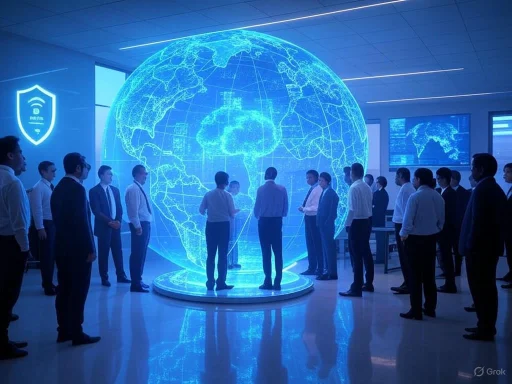 People gather around a large, futuristic digital globe in a high-tech conference or training room.