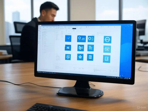 A computer monitor displays a design or layout with various blue icons, in an office setting with a person working in the background.
