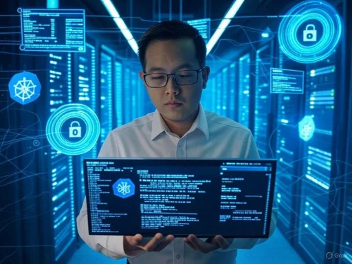 A man in a data center analyzes cybersecurity codes on a tablet amid holographic security icons.