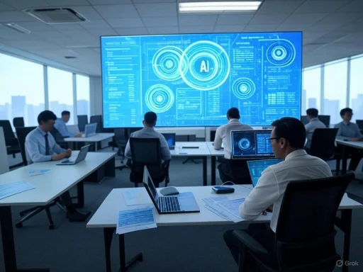 A team of professionals in a modern office are analyzing AI data on large digital screens during a meeting. A team of professionals in a modern office are analyzing AI data on large digital screens during a meeting.