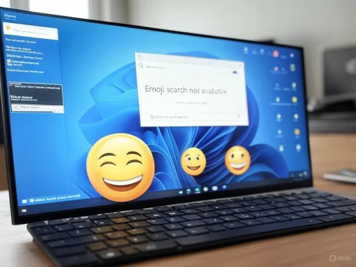 A laptop with a Windows desktop showing large smiley emojis and a 'Emoji search not available' message.