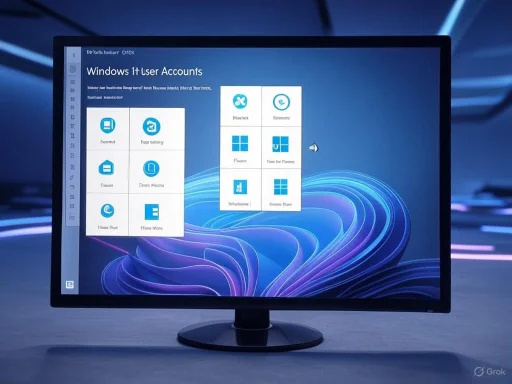 A computer monitor displays the Windows 11 user account setup screen with various icons.