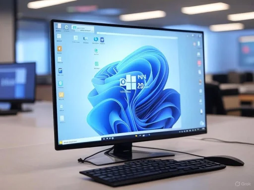 A desktop computer setup in an office with a large monitor, keyboard, and mouse on a white desk. A desktop computer setup in an office with a large monitor, keyboard, and mouse on a white desk.
