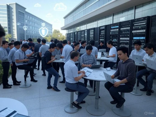 Group of people working on laptops outdoors near data servers, with security icons floating above.