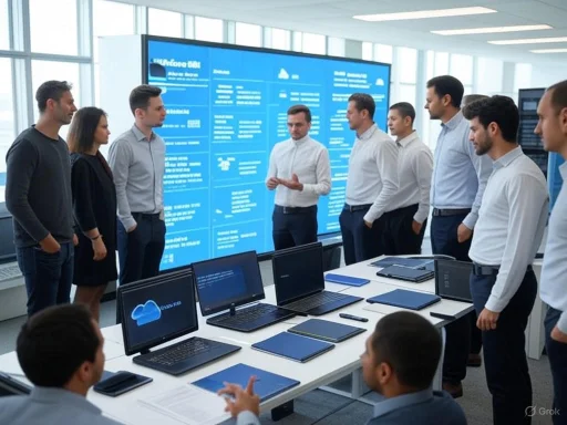 A team of professionals in a modern office participates in a presentation around a table with laptops and a large digital display.
