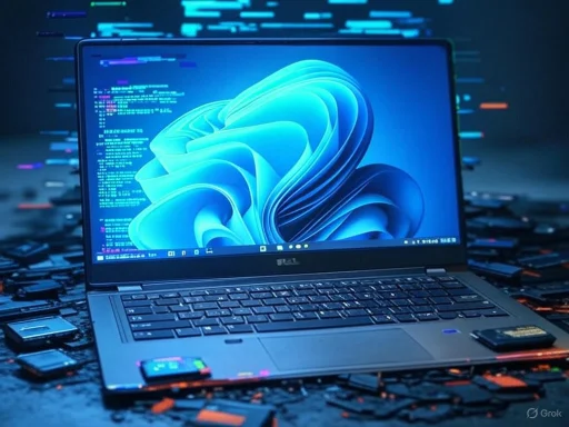 A laptop displaying a stylized blue wave on screen, surrounded by scattered electronic components and coding in a dark, tech-themed environment.