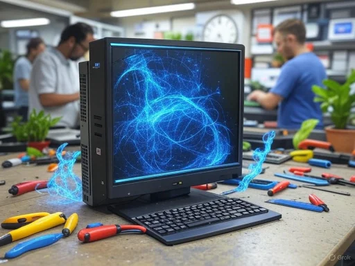 A vintage computer with digital light effects, surrounded by tools on a cluttered desk in an engineering workspace.