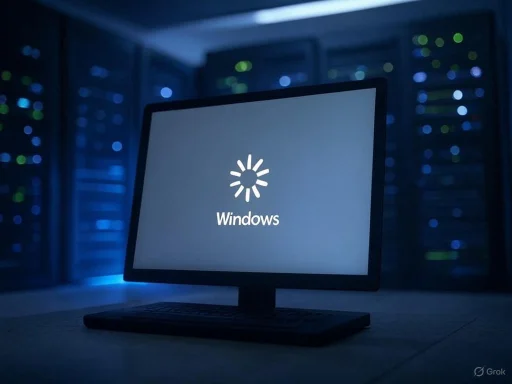 A computer screen displaying the Windows loading icon in a dark, server-filled environment.