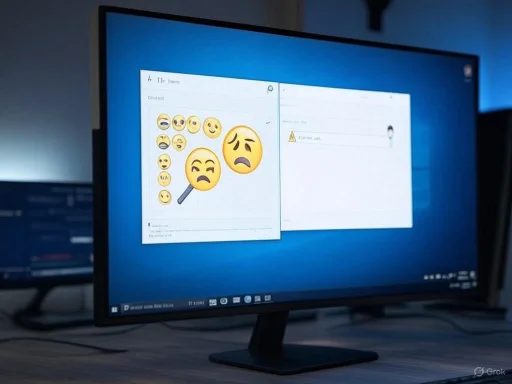 A computer monitor displays a messaging app with various emoji reactions, including distressed and sad faces.