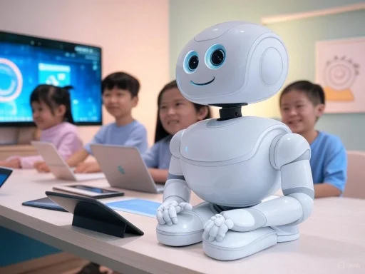 A friendly robot with big eyes and a smile sits in front of children using tablets in a classroom. A friendly robot with big eyes and a smile sits in front of children using tablets in a classroom.