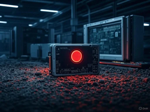 A futuristic device with a glowing red circular interface on the ground in a high-tech server room. A futuristic device with a glowing red circular interface on the ground in a high-tech server room.