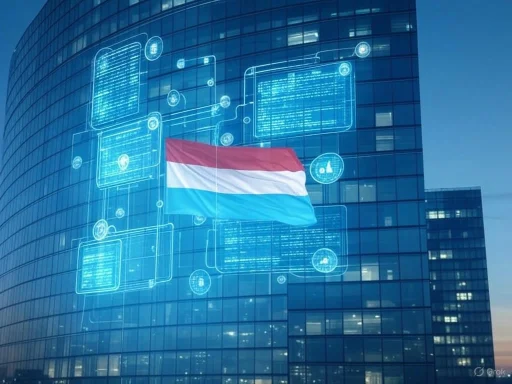 A digital overlay of technology icons and data on a modern glass building, featuring a flag with red, white, and blue stripes.