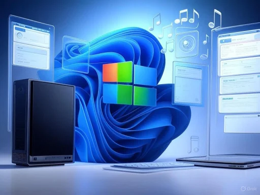 Digital devices and Windows logo with music and communication icons on a blue background.