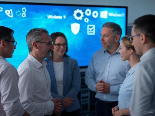 Group of professionals in a meeting, discussing in front of a large screen showing Windows 7 and tech icons.