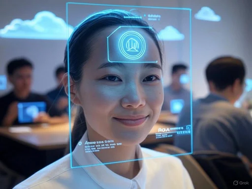 A woman interacts with a futuristic facial recognition system in a tech conference setting.