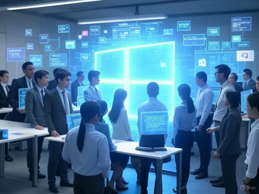 A group of business professionals engages in a high-tech presentation with holographic displays in a modern conference room.
