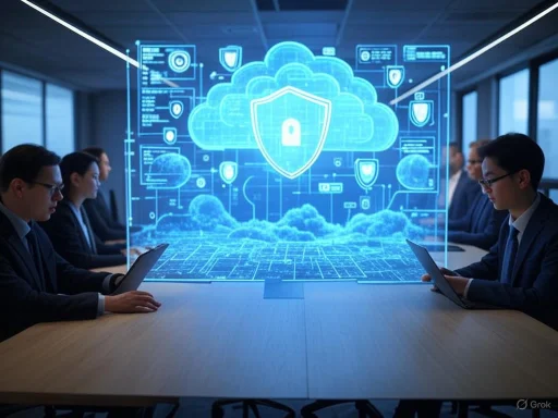 Businesspeople in a conference room engaging with a digital cloud security hologram.