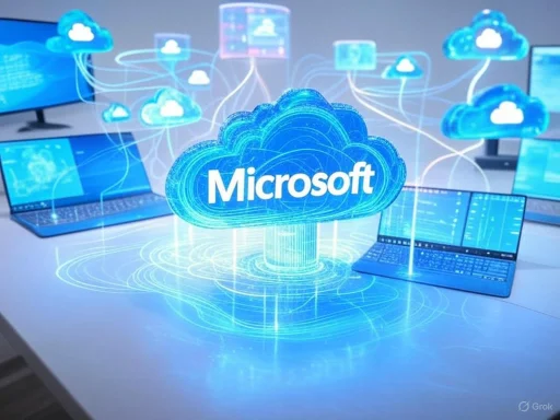 A digital illustration of cloud computing with multiple connected screens and a prominent Microsoft cloud icon.