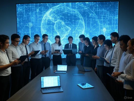 Team of professionals in a high-tech meeting, analyzing data on tablets with a digital Earth and network display in the background.