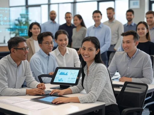 A diverse group of colleagues gathers around a woman in a business meeting, with a tablet displaying charts on the table.