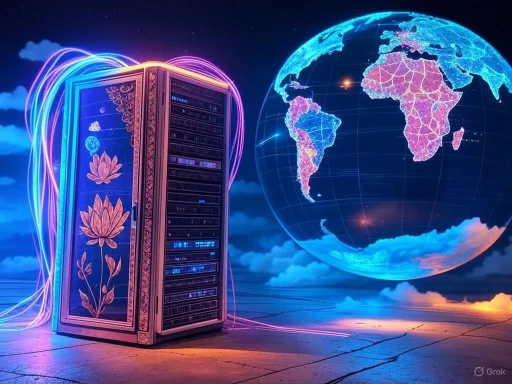 A colorful, ornate server rack connected to a glowing digital globe illustrating global data networks.
