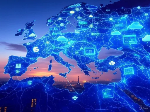 A digital map of Europe with interconnected cloud icons and data symbols over a city skyline at sunset.