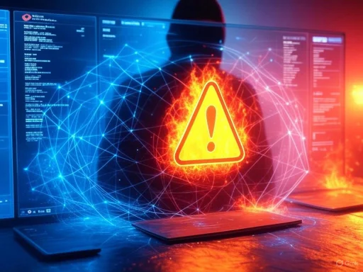 A hacker's silhouette behind computer screens with a warning icon, symbolizing cybersecurity threats or data breach alert. A hacker's silhouette behind computer screens with a warning icon, symbolizing cybersecurity threats or data breach alert.