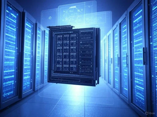 A futuristic data server or quantum computing system glowing in a high-tech data center.