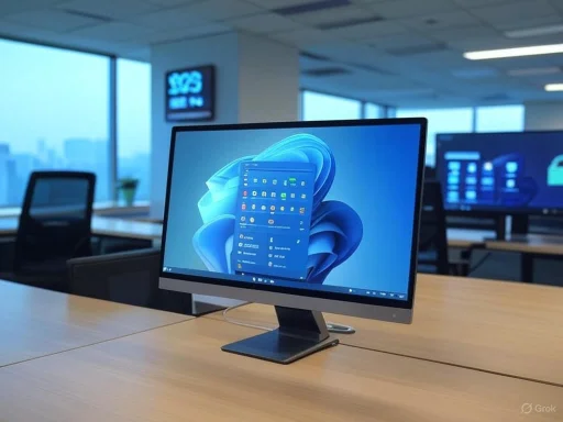 A modern computer monitor displaying the Windows 11 desktop in an office setting with large windows and cityscape view.