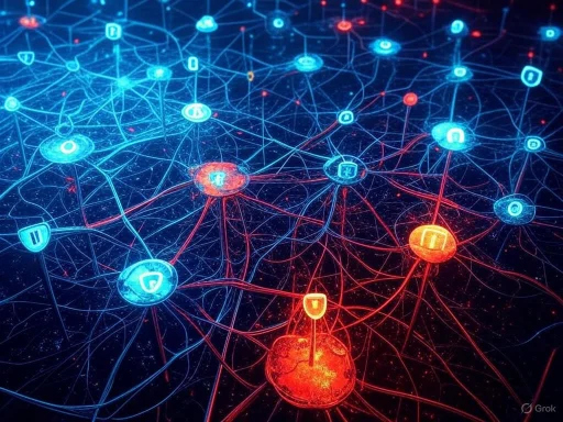 Digital network connections with security and data protection icons in blue and red colors.