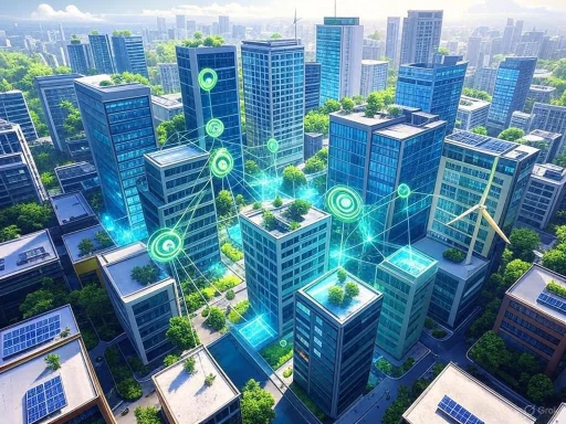 Smart city with interconnected buildings, solar panels, and wind turbines promoting sustainability. Smart city with interconnected buildings, solar panels, and wind turbines promoting sustainability.