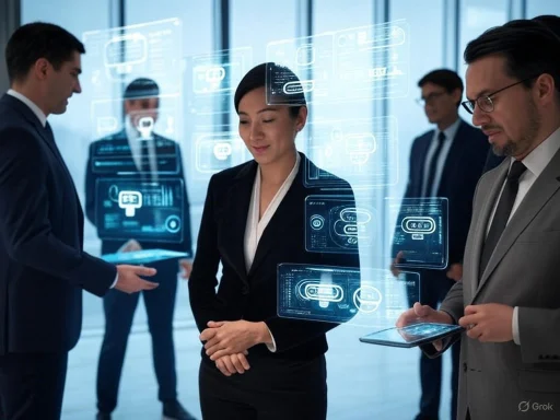 Businesspeople interact with digital holograms of charts and data in a modern office setting.