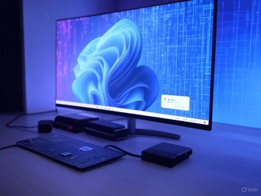 A computer desk setup with a large monitor displaying a digital background, connected devices, and a keyboard.